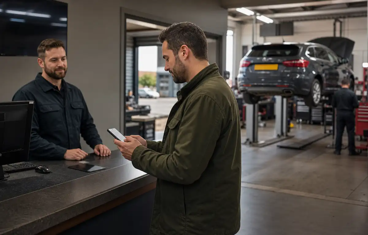 Customer booking a garage service on a phone at an automotive reception