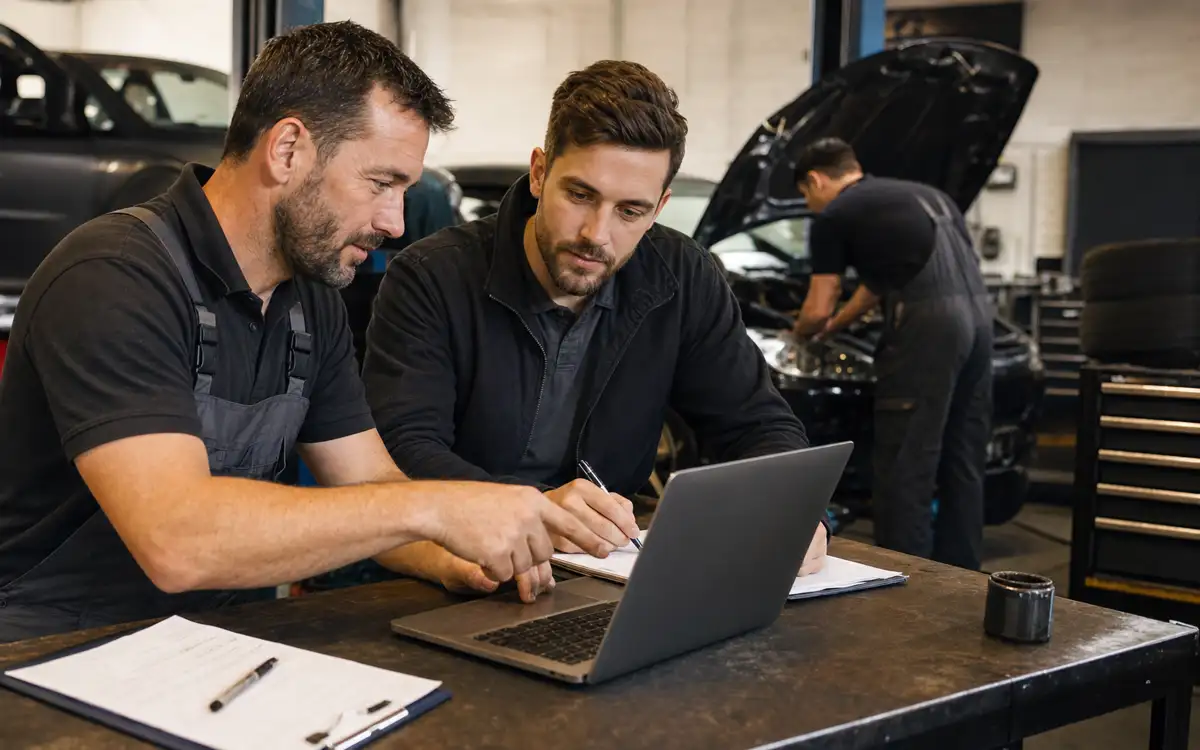 Garage owner and designer reviewing website changes on a laptop in a workshop