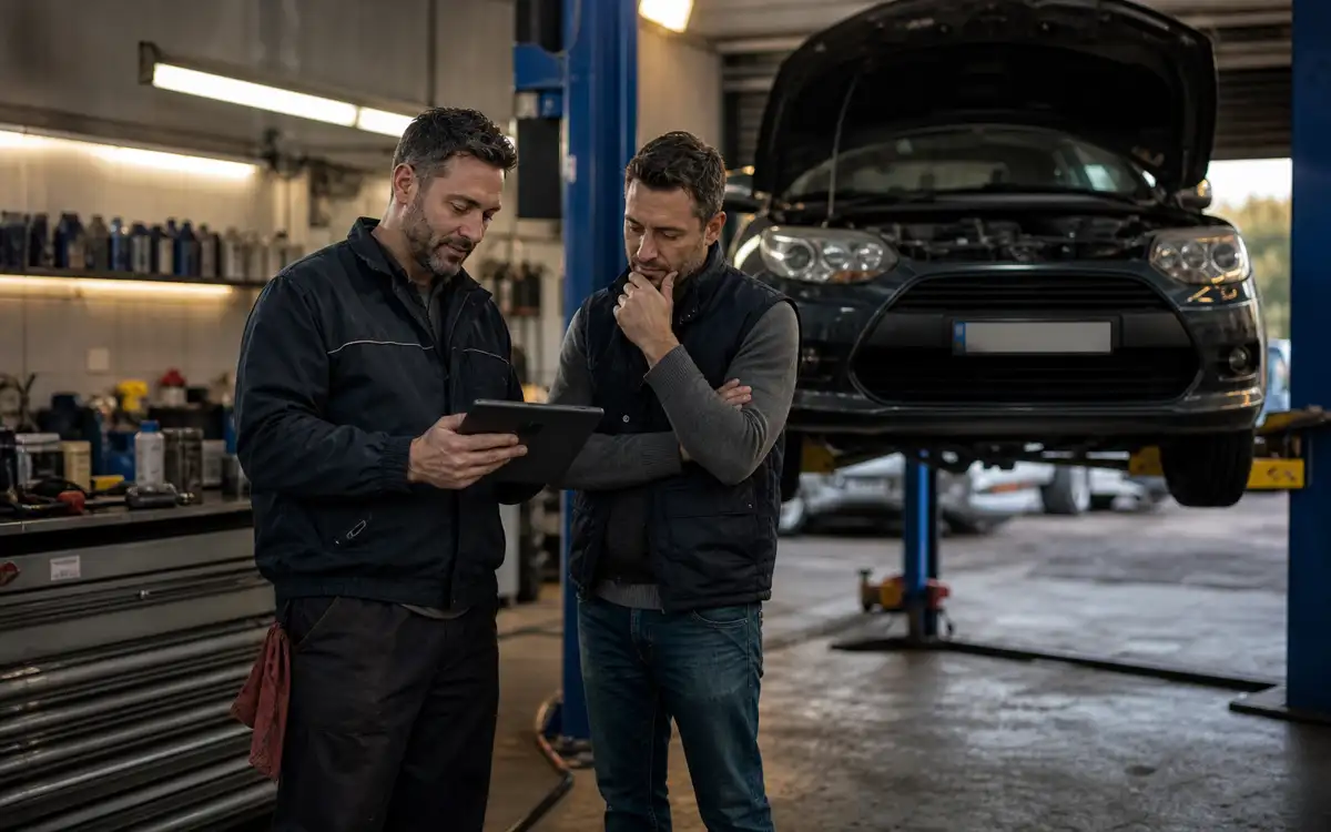 Mechanic and garage owner reviewing reputation on a tablet in a workshop