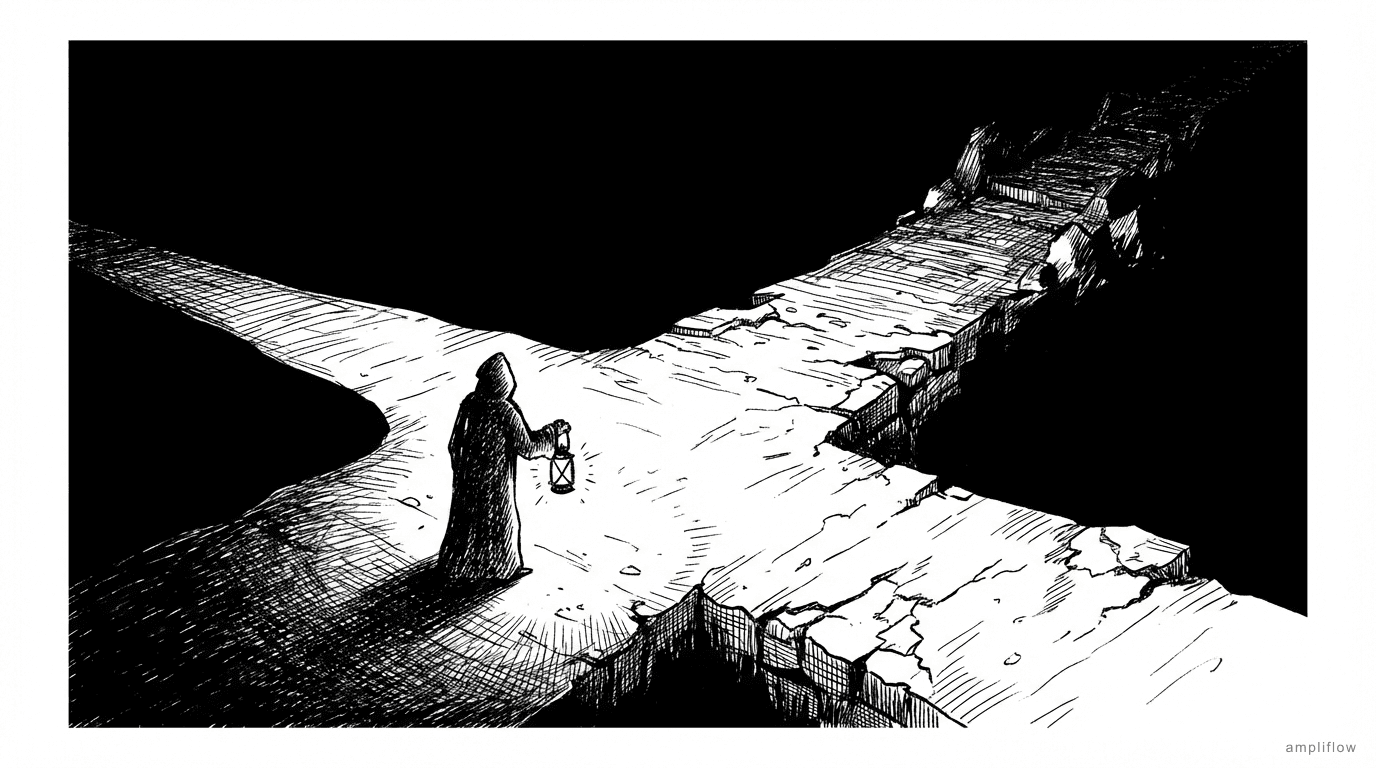 A person holding a lantern at a fork between three possible routes