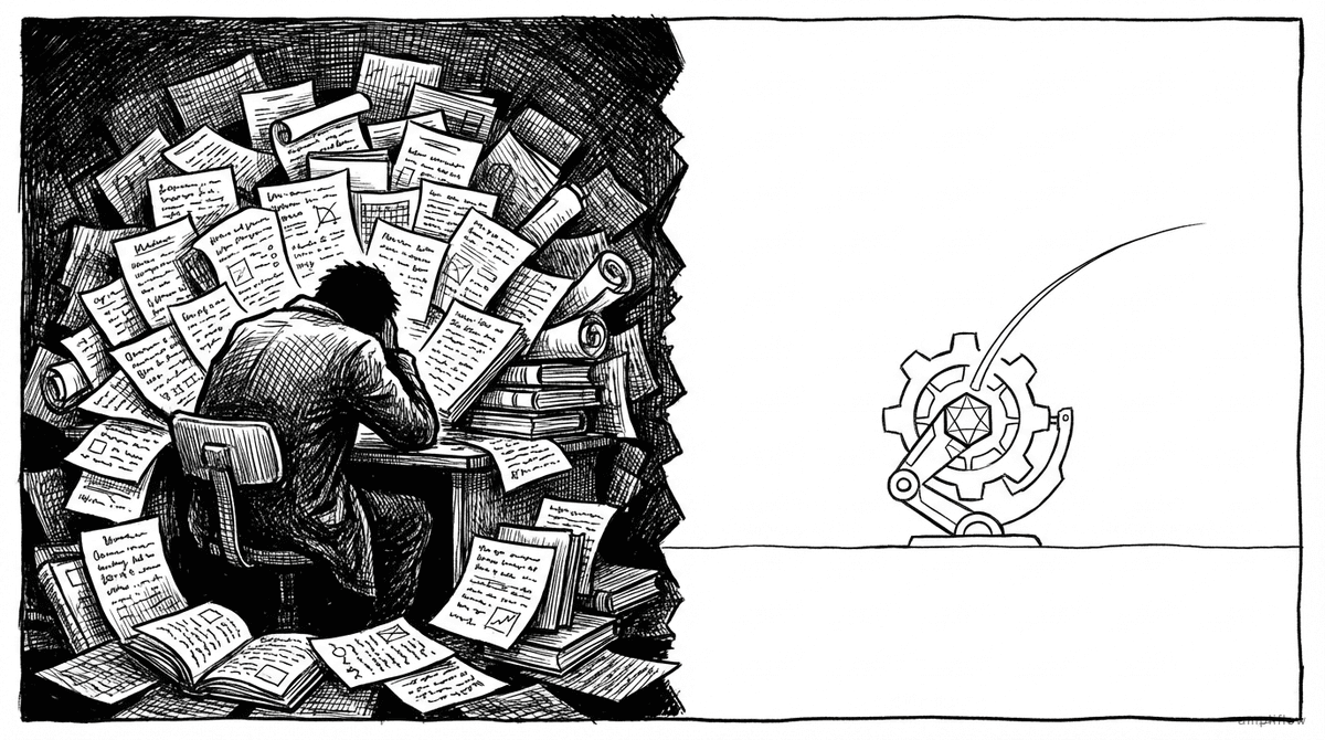 A person buried in paperwork beside a compact automation machine