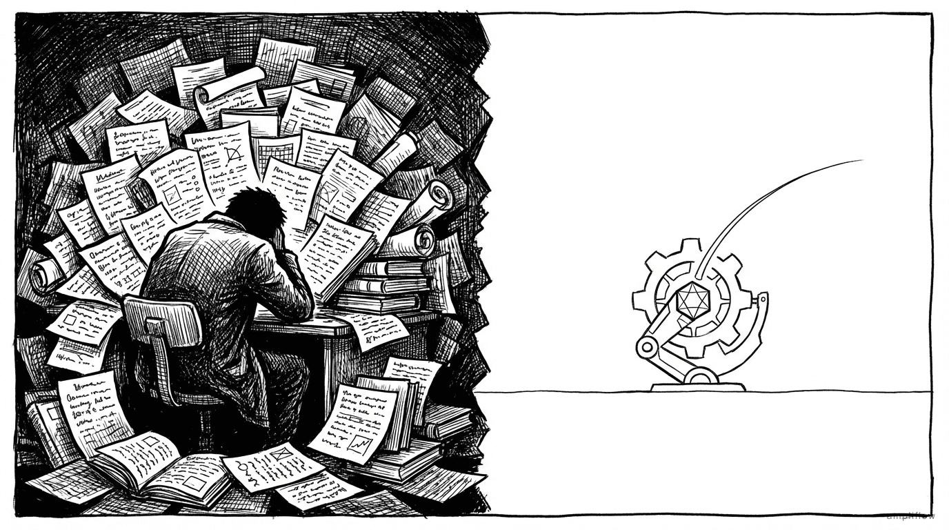 A person buried in paperwork beside a compact automation machine