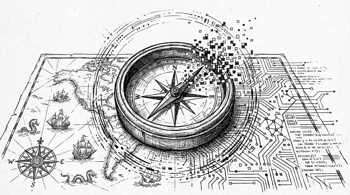 A compass guiding a route from a paper map into digital circuitry