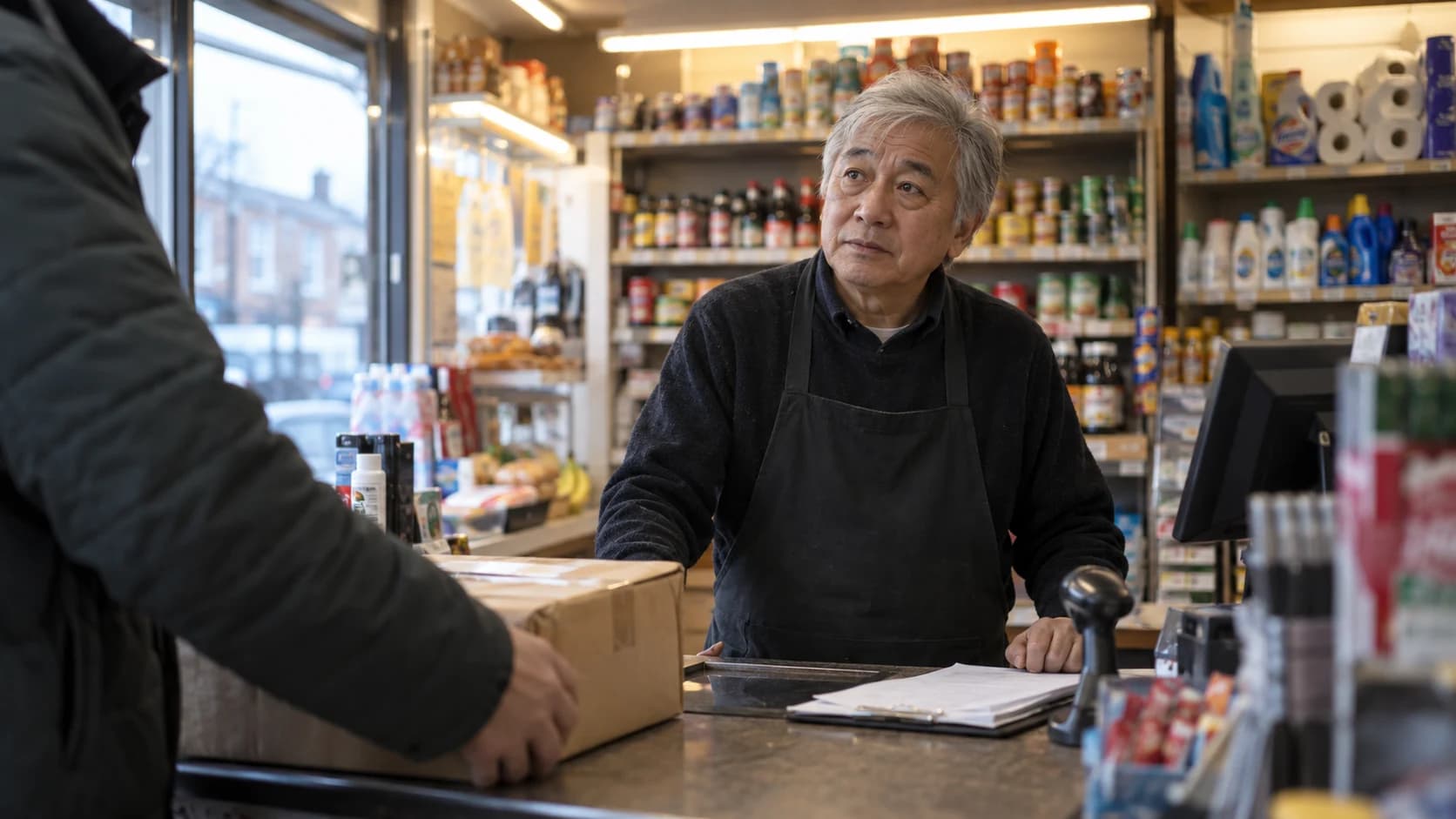 Natural photograph of an older East Asian British man with silver hair behind the counter of a small UK convenience store, a clipboard beside the till, looking up as a customer's parcel is placed down.