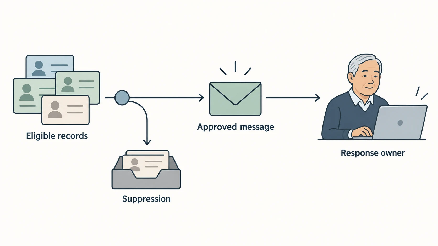 Flat explanatory diagram showing records split between an eligible path to an approved message and a response owner, and an ineligible path to suppression.