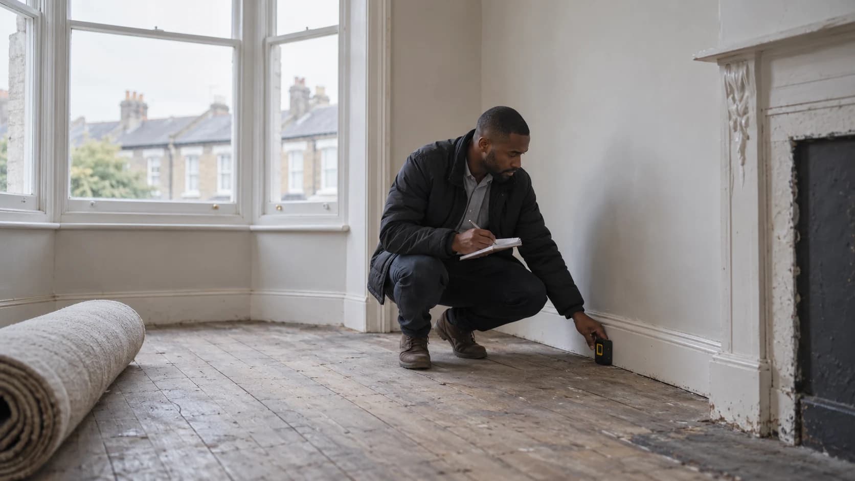 A Black British man in his thirties takes measurements with a laser measure in the empty bay-windowed front room of a UK terraced flat, notepad in hand, in soft overcast daylight.