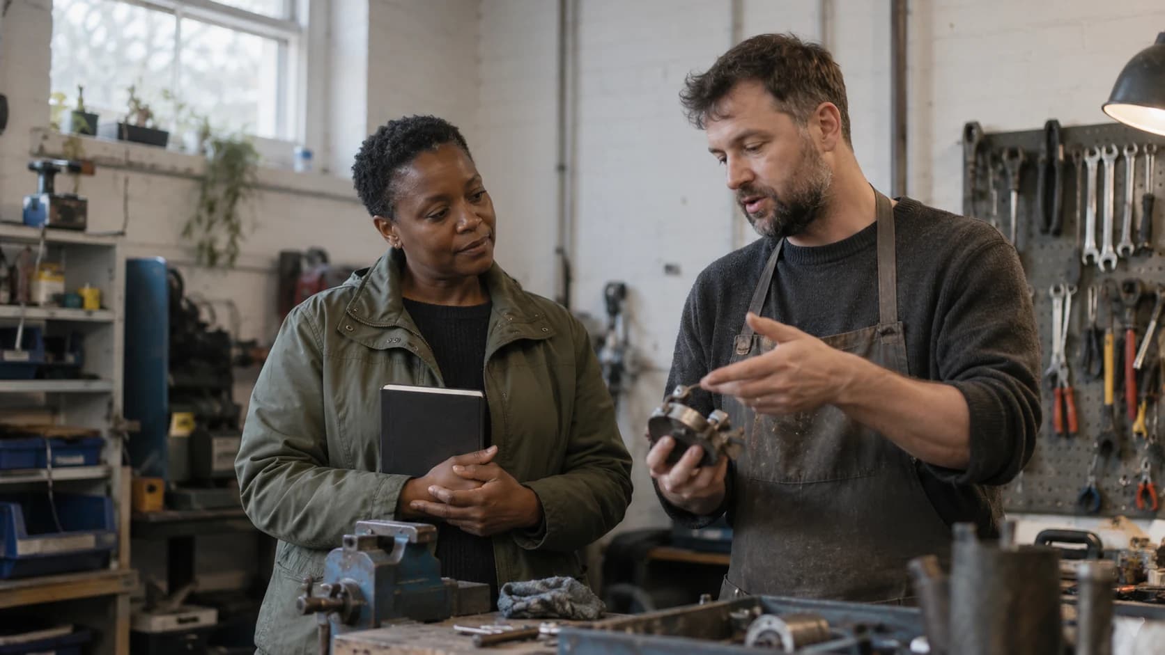 A middle-aged Black British woman with short natural hair stands in a small UK repair workshop holding a closed notebook, listening to a colleague beside a workbench in soft overcast window light.