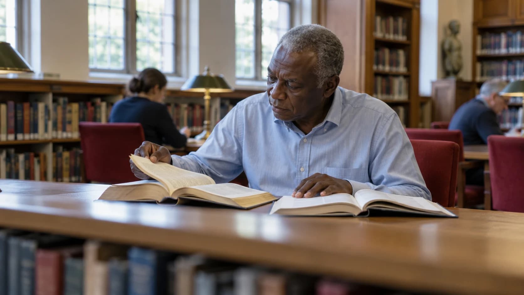 An older reader comparing two open reference books in a public reading room.