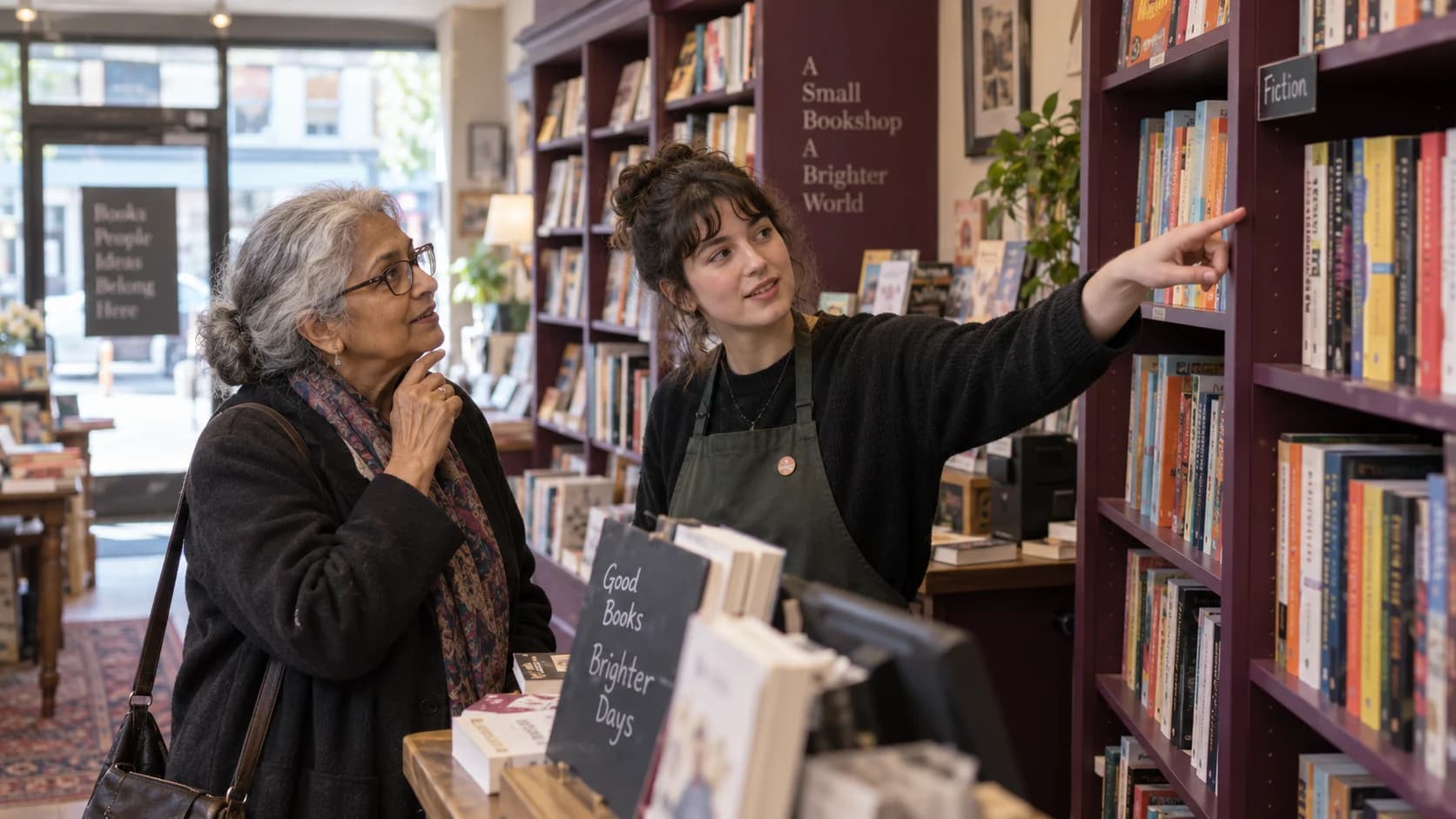 A customer asking a bookseller a question as they point to a book on the shelf.