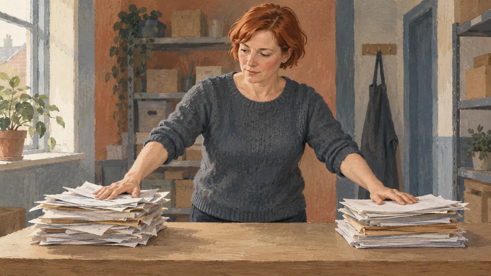 Gouache painting of a white British woman in her forties with short red hair standing at a plain table in a small back room, separating distinct heaps of paperwork with both hands.