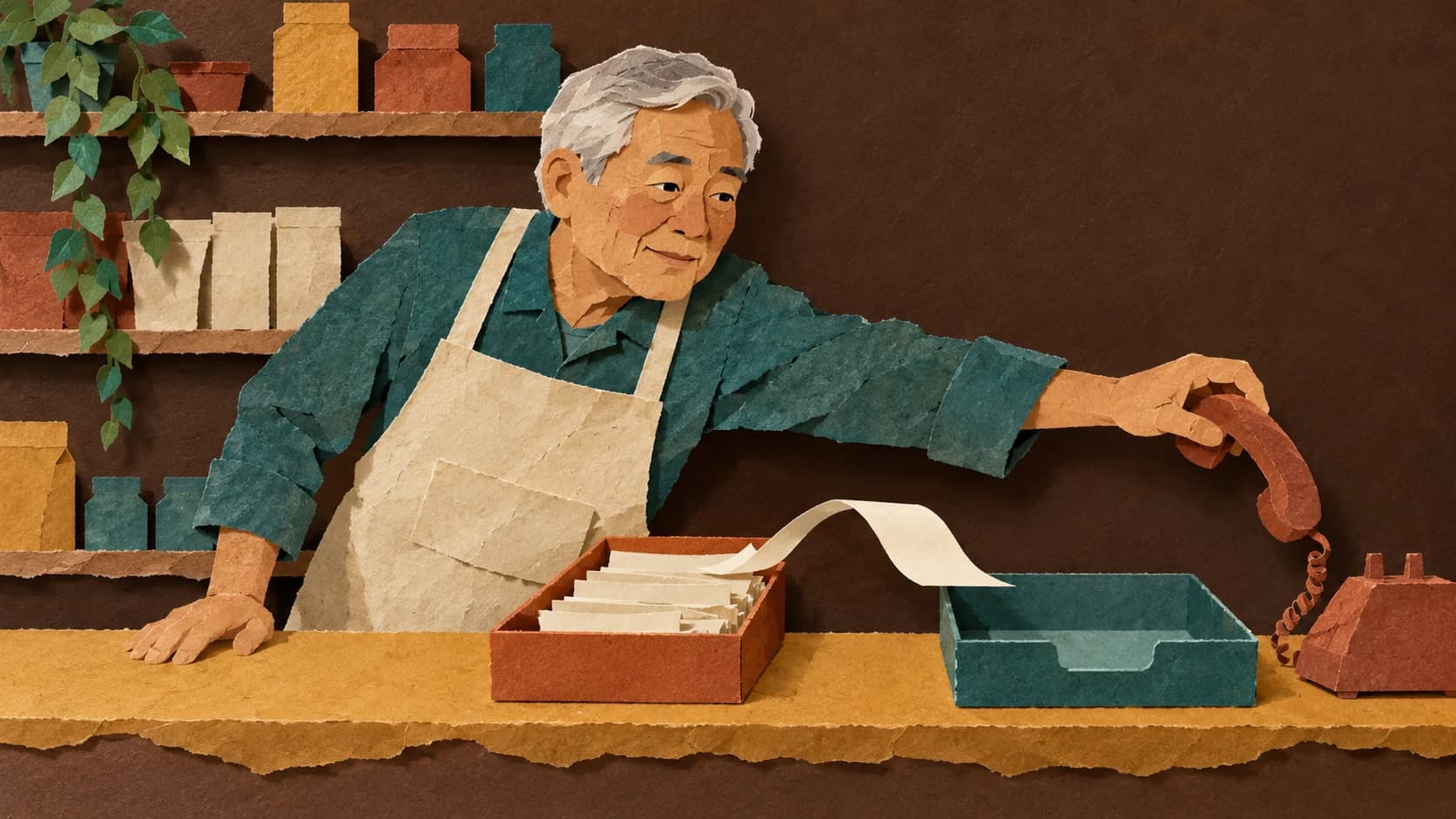 Hand-cut paper collage of a small UK shop counter where a silver-haired older East Asian British man reaches for a paper telephone, with order slips forming a path to an open tray.