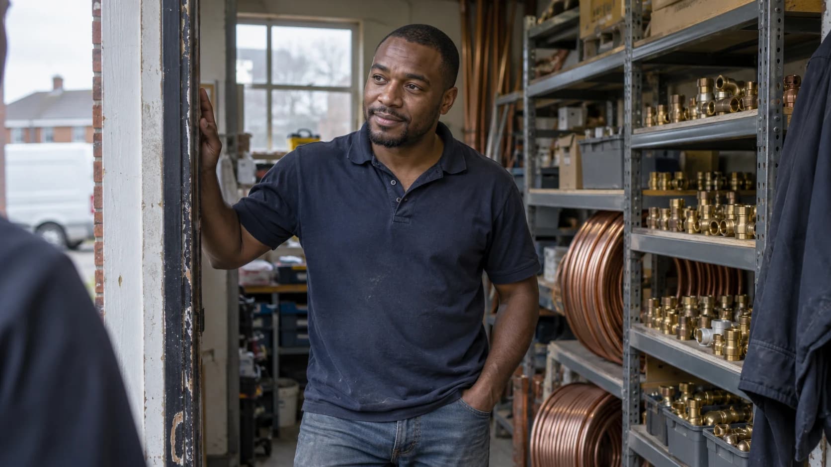 A Black British man in his thirties, close-cropped hair, pausing in the doorway of a small plumbing firm's stockroom lined with copper pipe and brass fittings, in soft daylight.