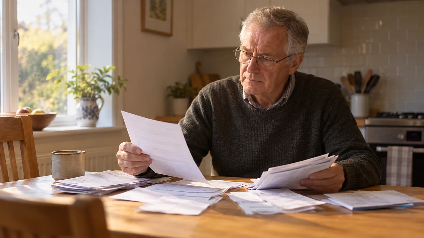 Candid photo of a bespectacled white British man in his sixties at a kitchen table, comparing a paper invoice with a small stack of receipts and envelopes in warm light.