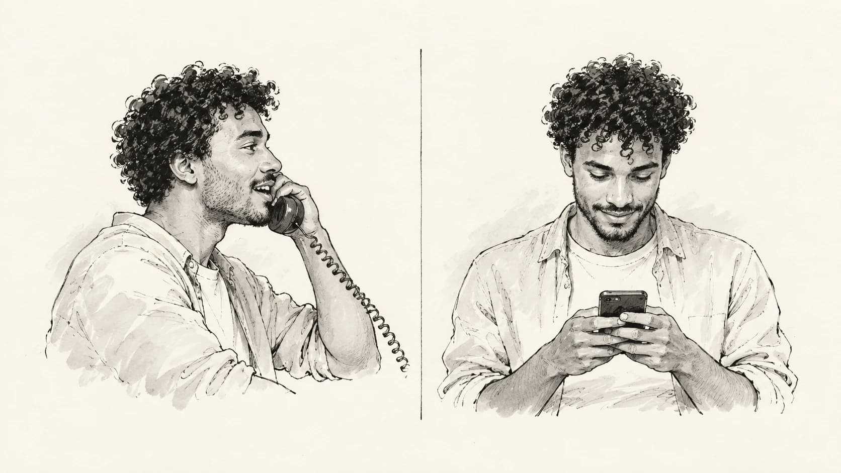 Hand-drawn ink diptych: on the left a curly-haired mixed-race British man speaks into a telephone receiver; on the right he readies both thumbs over a small handset, contrasting voice with text.