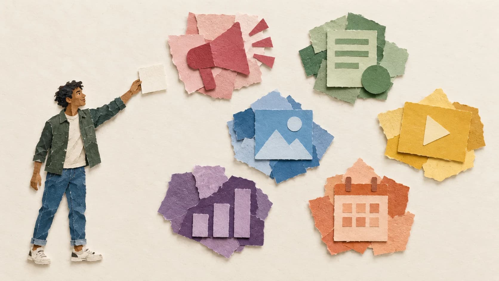 Torn-paper collage of a curly-haired young man reaching toward one small blank paper shape among several differently coloured clusters of paper tiles.