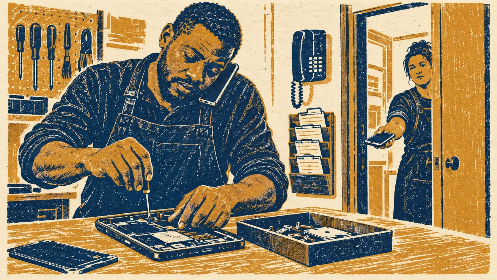 Two-colour linocut of a technician holding a phone to his ear while repairing a device, with a colleague appearing in a doorway to take over.