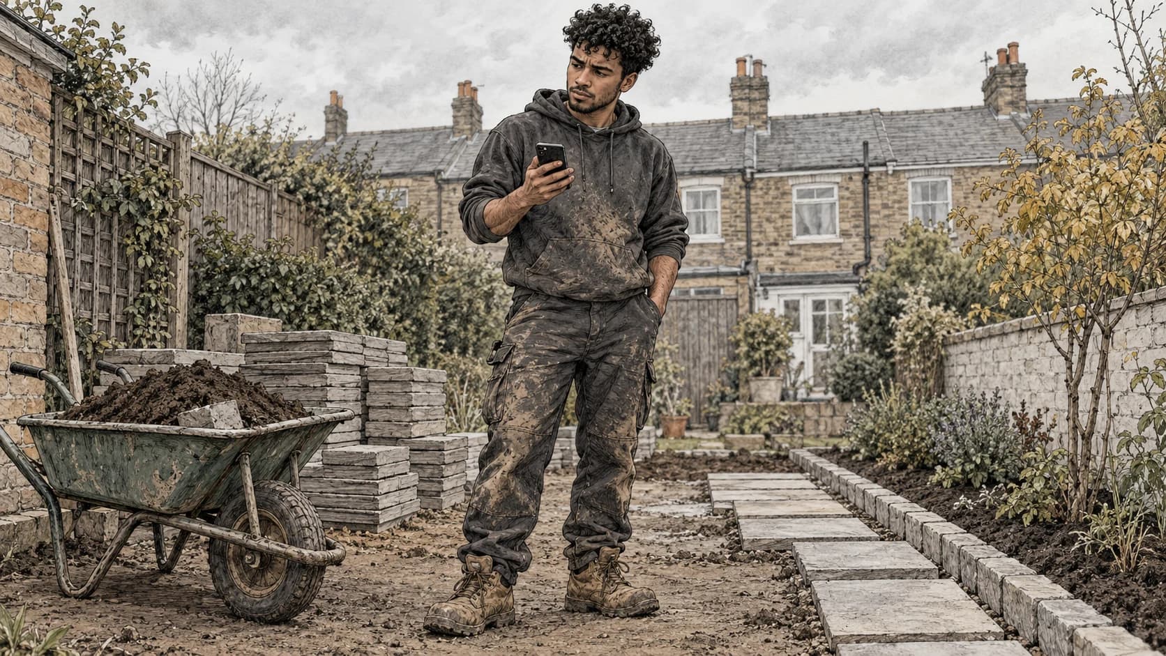 Hand-drawn ink illustration of a young mixed-race British man with curly hair pausing in a small garden yard, a loaded wheelbarrow and paving slabs behind him, looking at a ringing phone in his hand.