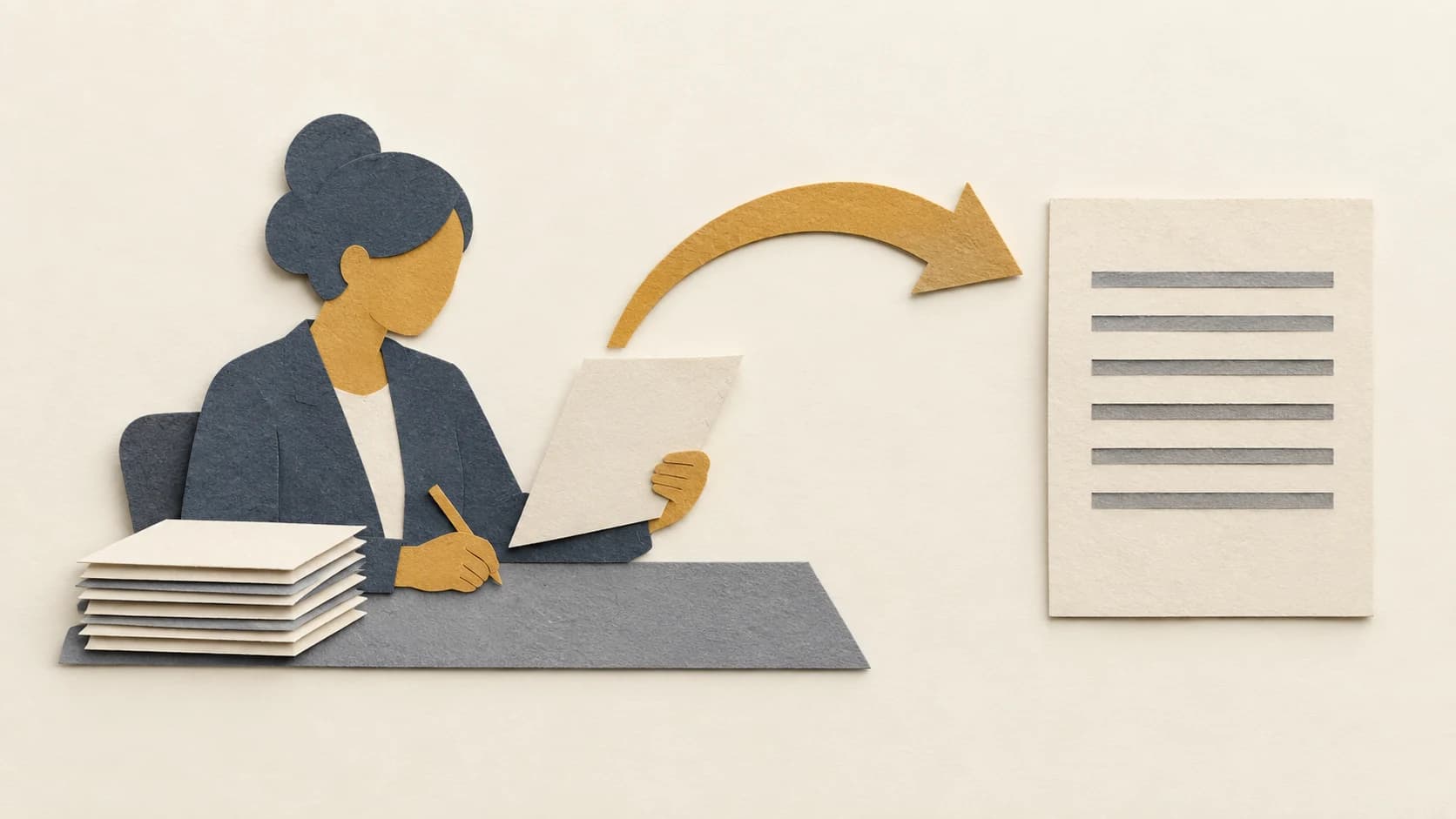 Paper collage of a seated cut-paper figure reviewing a sheet beside a document stack and a curving arrow.