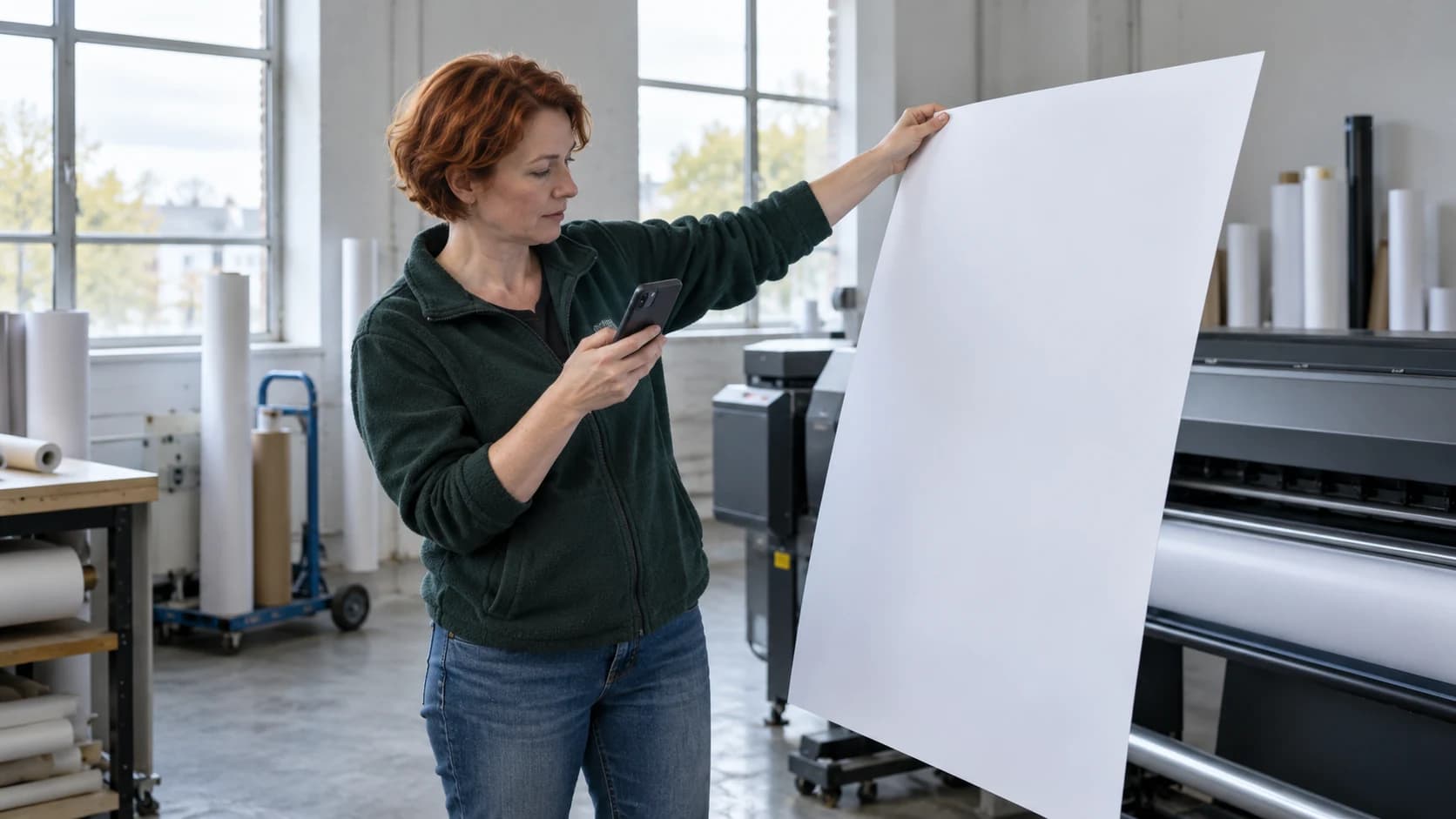 A white British woman with short red hair holds up a large blank printed panel in a print room and compares it with her phone in overcast daylight.