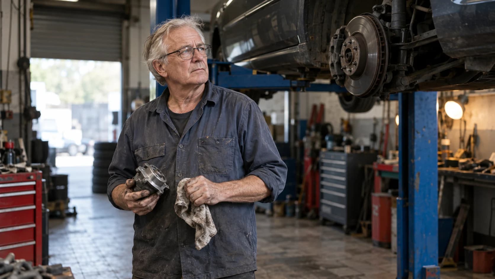 Natural photograph of a white British man in his sixties with glasses holding a car part in a small UK garage, a vehicle raised on a lift behind him, pausing in thought.