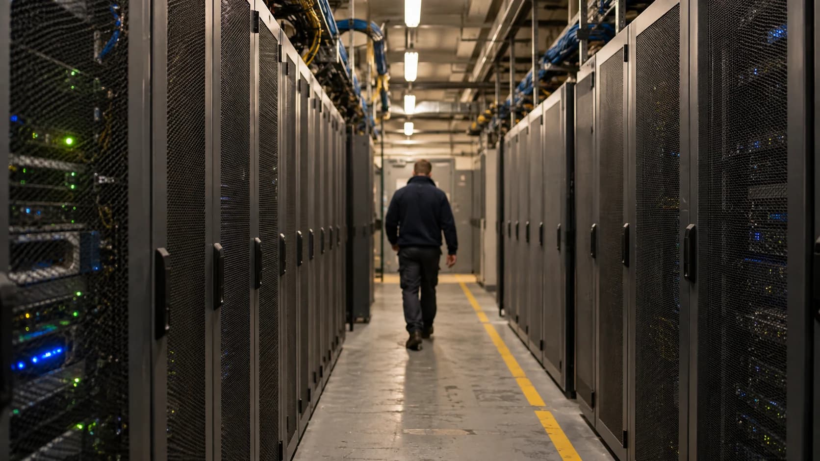 Documentary photo of a data centre aisle with grey server cabinets, overhead cable trays and a technician walking away under warm strip lighting.