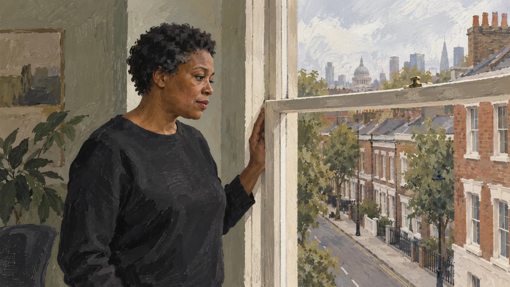 Gouache painting of a Black British woman with short natural hair standing at a tall office window above a street of brick terraces in London.