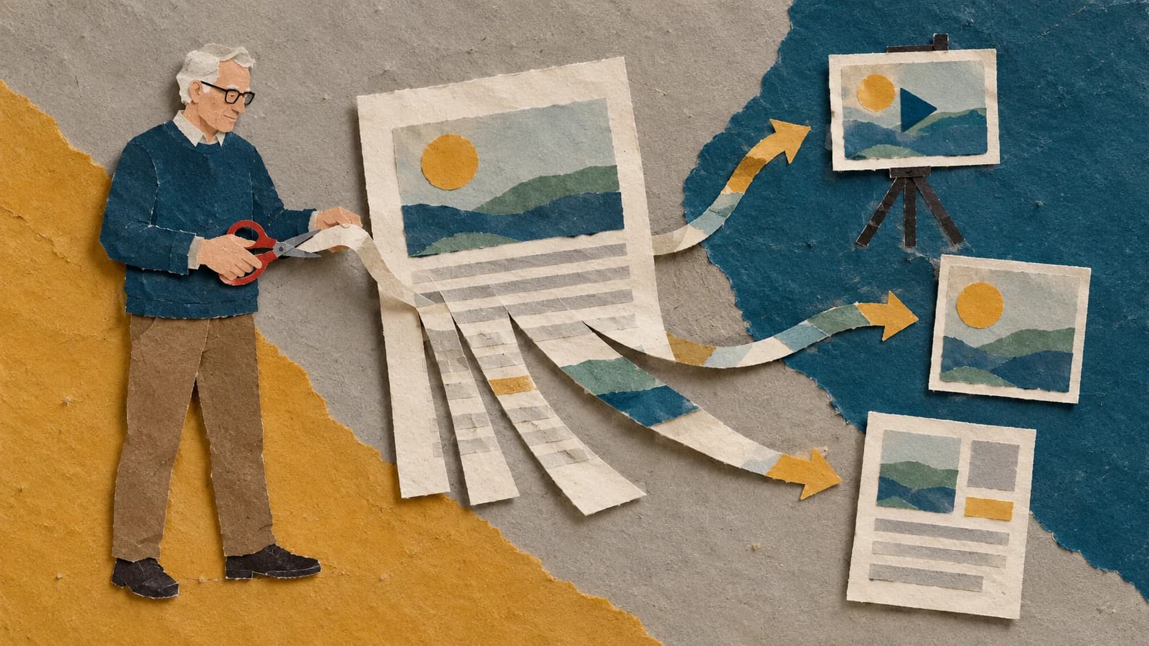 A hand-cut paper collage showing one printed page being cut into strips and rearranged into a video frame, a social card and a layout sheet.
