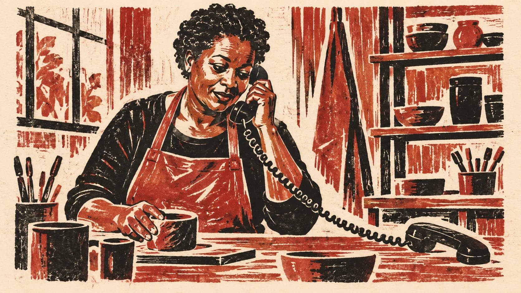 Two-colour linocut of a short-haired Black British woman answering a landline handset at a workshop bench, a coiled cord leading to a second handset off its cradle.