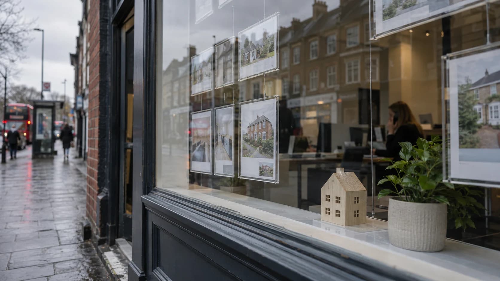 An estate agent's shop window of property cards seen from the pavement, with a blurred figure inside and street reflections.