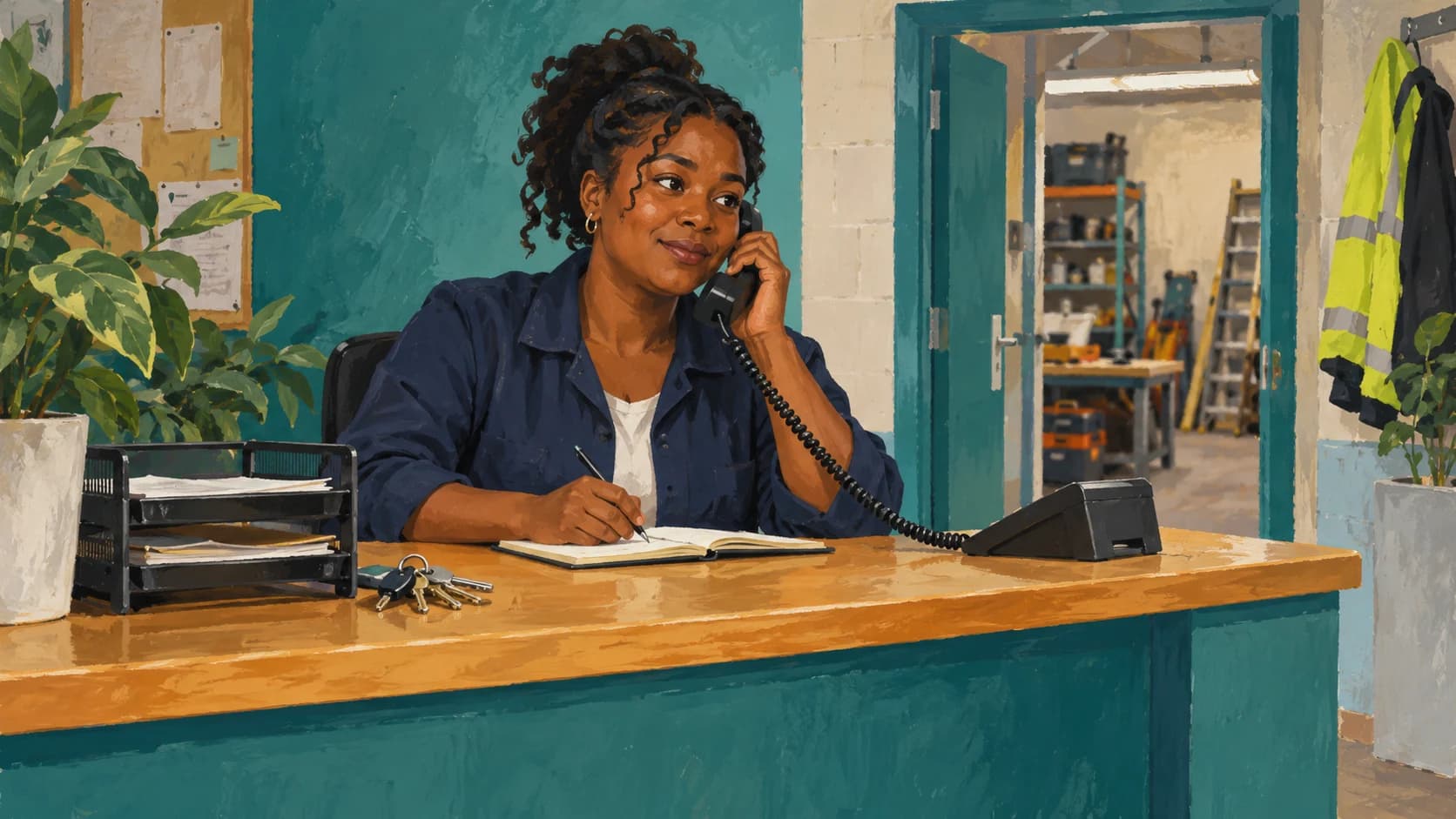 A painted reception scene showing a person answering a corded phone with a workshop behind.