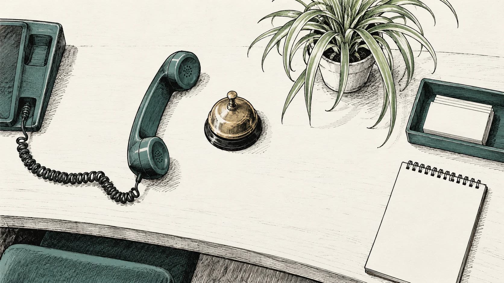 Top-down ink drawing of a reception counter with a corded phone, brass bell, plant, tray of blank cards and a notepad, in black and muted teal.