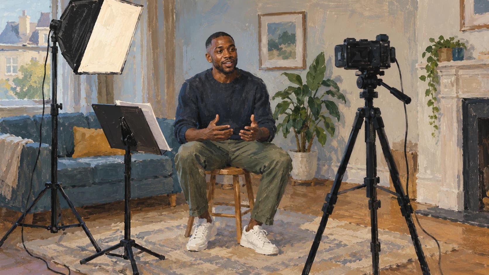A gouache painting of a Black British man in his thirties seated on a stool for a talking-head video, with a tripod camera and one softbox in an ordinary front room.