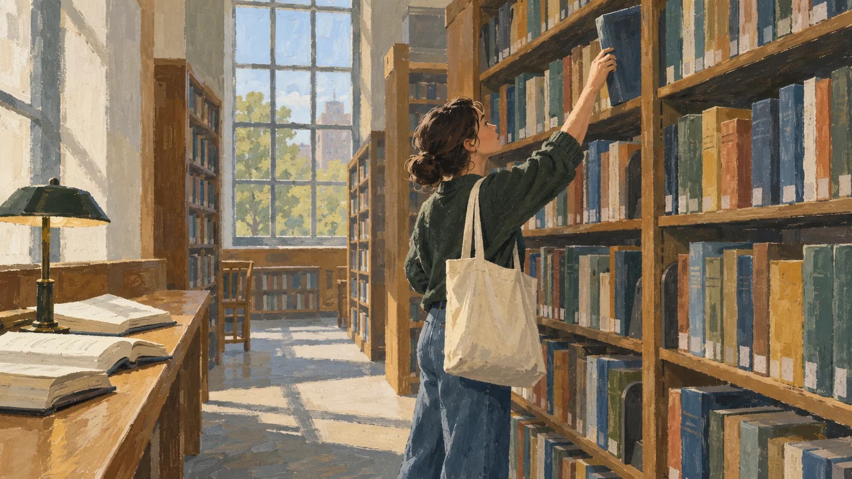 Gouache painting of a person reaching for a reference book in a library aisle, with open books on a wooden reading ledge.