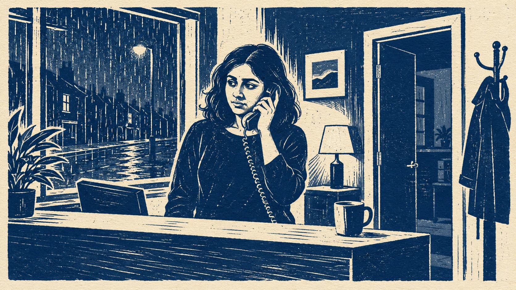 Two-colour linocut of a young South Asian British woman answering a corded phone at a night-time office counter, a rainy dark street visible through the window behind.