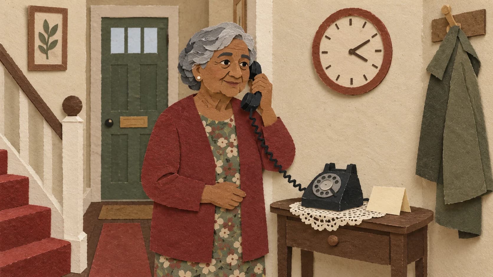 A hand-cut paper collage of an older South Asian British woman with grey hair answering a black landline telephone in a home hallway, with a paper wall clock and a folded appointment card on a side table.