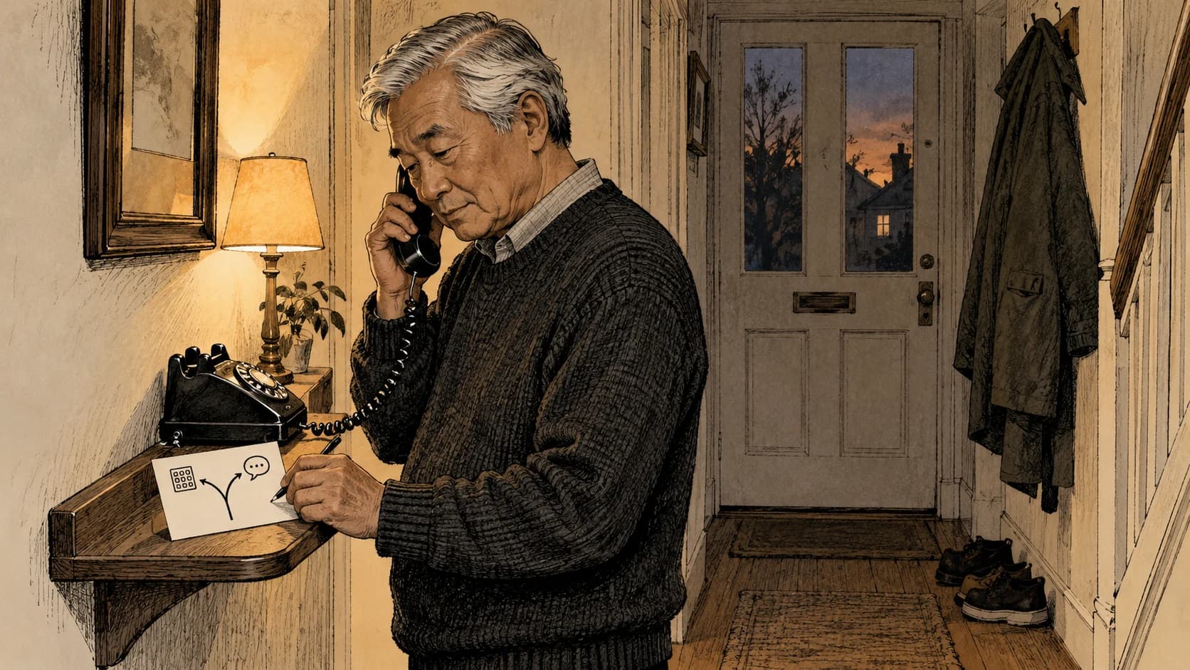 Ink illustration of an older silver-haired East Asian British man in a dim hallway holding a phone receiver while sketching a forked keypad-or-voice route on a scrap card.