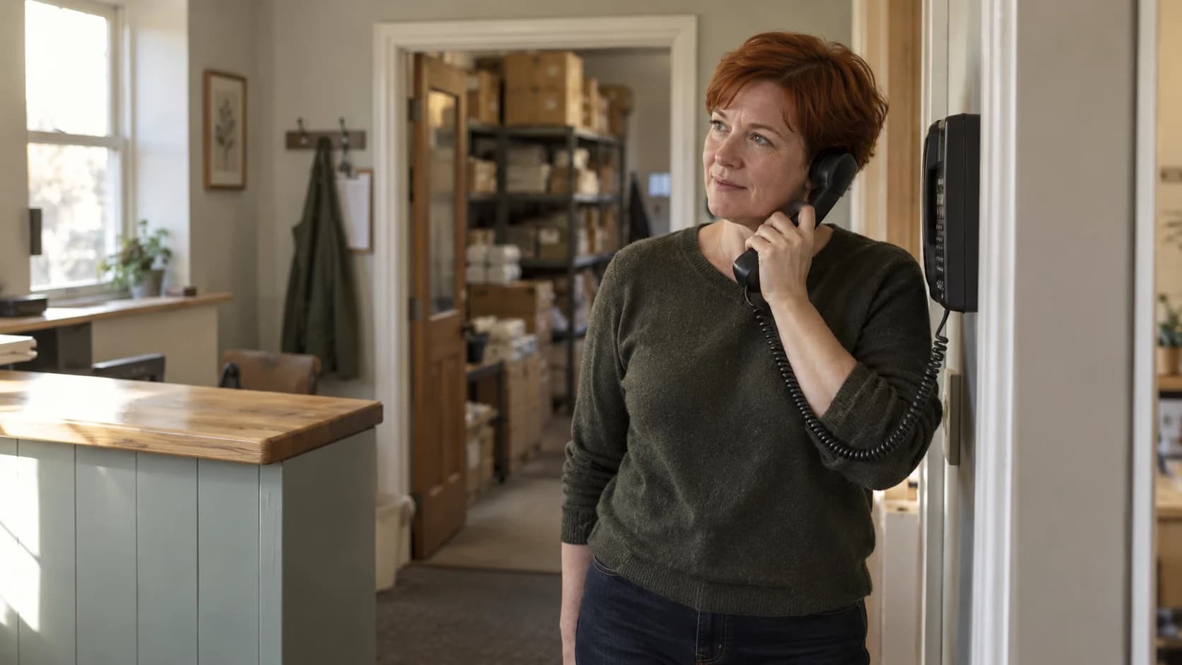 Candid photograph of a woman with short red hair holding a telephone handset at her shoulder in the front office of a small UK business.