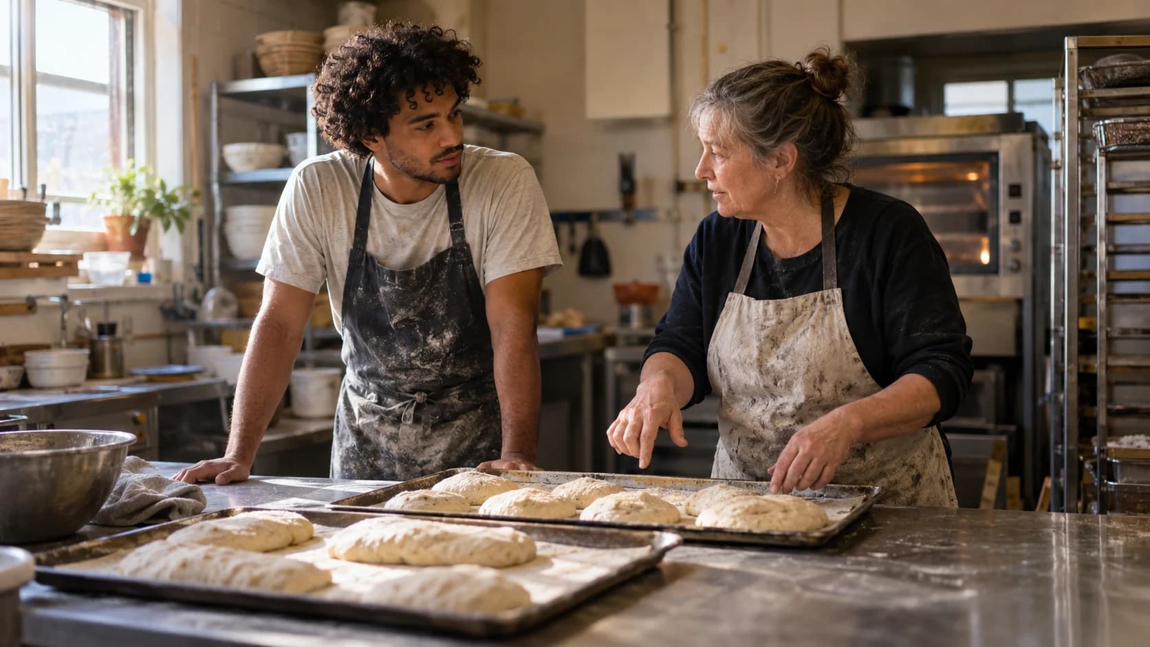 Natural-light photograph of a mixed-race British man in his twenties with curly hair, wearing a floury apron, talking with an older colleague at a steel bench in a small UK bakery kitchen.