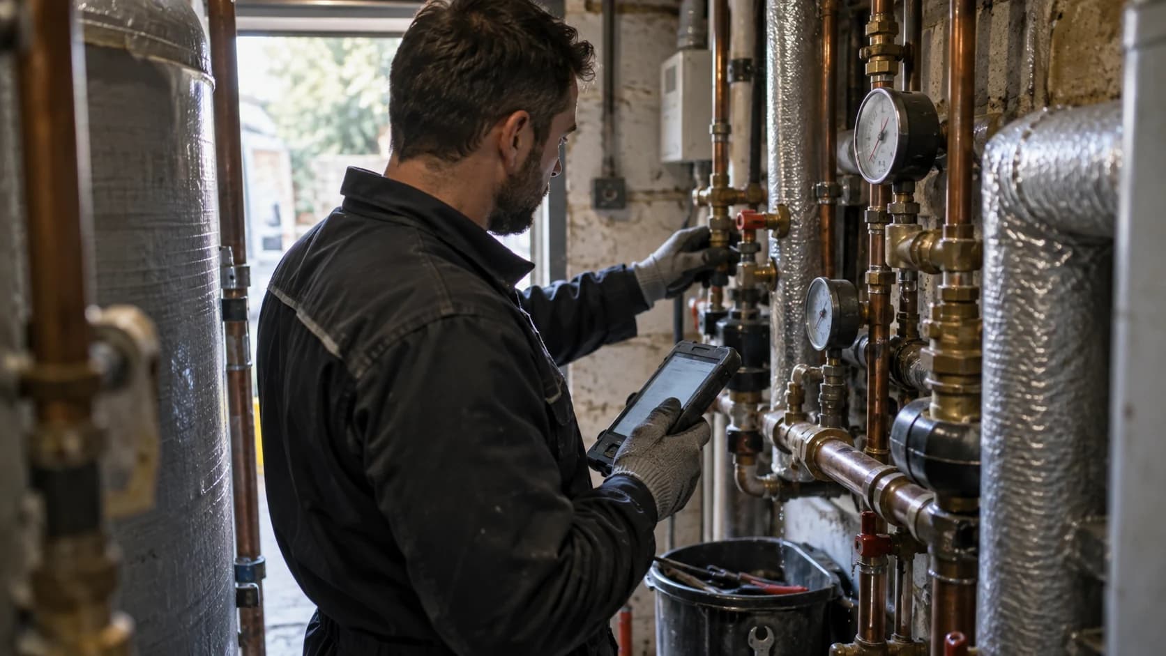 A service engineer in a plant room holding a rugged handheld terminal beside copper pipes and gauges in mixed daylight.