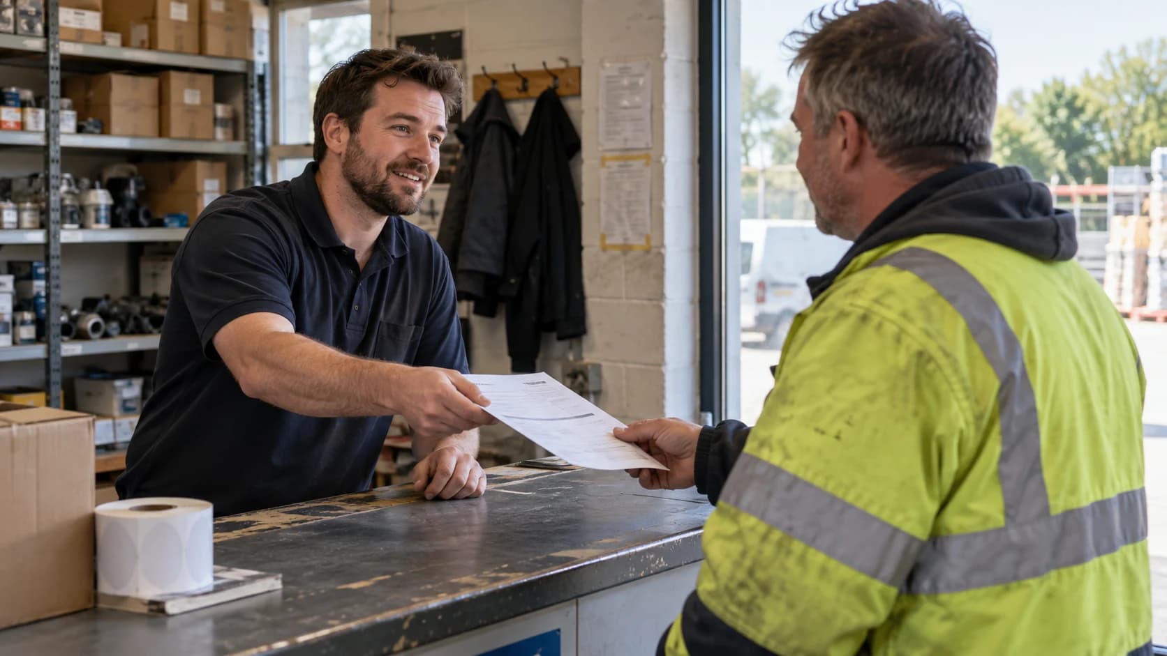 A UK trade supplier's counter where a staff member hands a printed order sheet to a customer in a high-vis jacket, daylight through the shopfront.