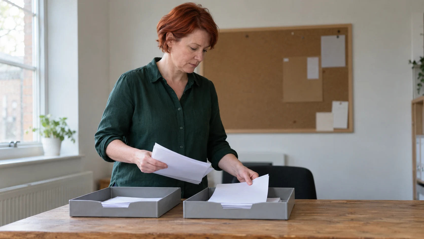 Natural editorial photograph of a white British woman in her forties with short red hair sorting blank paper forms into two shallow trays on a worktable in a modest UK office.