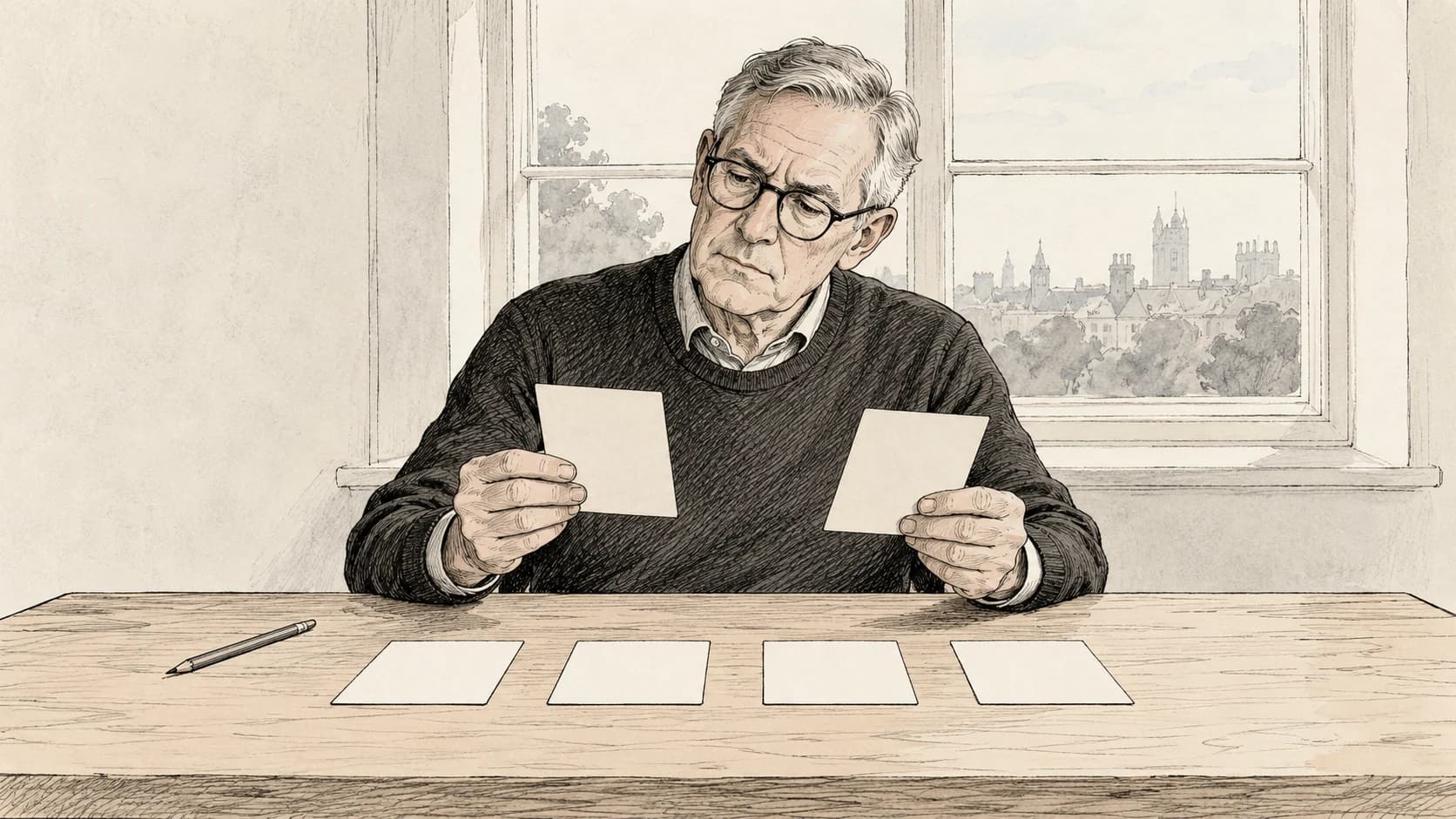 Hand-drawn ink illustration of a grey-haired man in glasses at a plain table comparing two blank profile cards, with more blank cards lined up beside him.