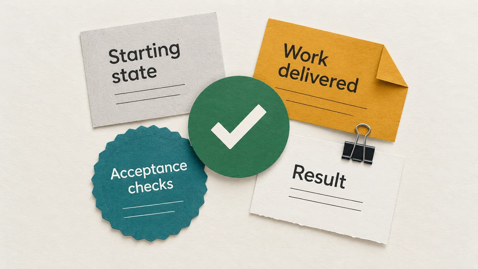 A review dossier with sections for starting state, work delivered, acceptance checks and result.