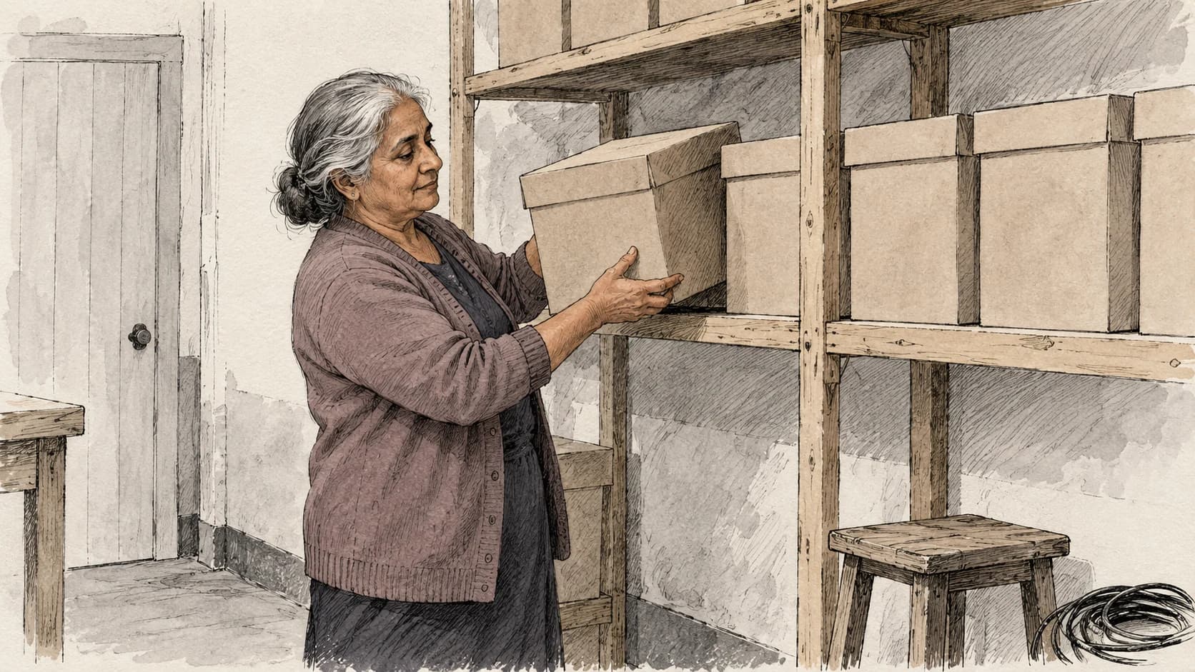 Ink illustration of an older South Asian British woman lifting one plain box from a shelf of near-identical boxes in a small storeroom.