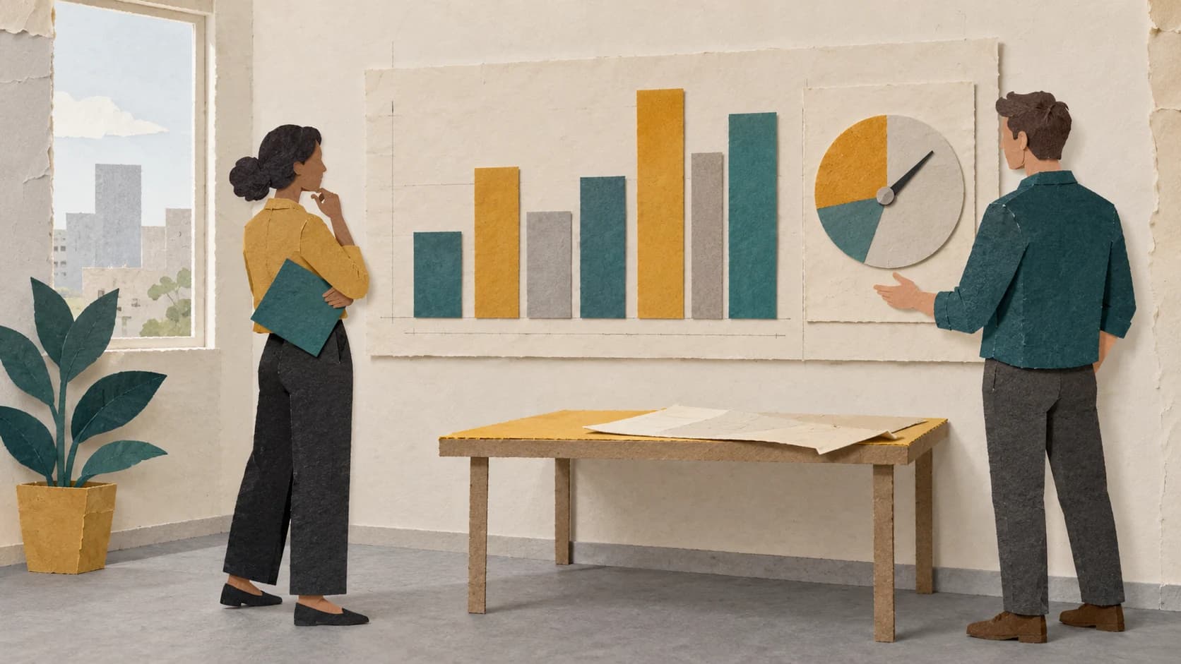 Hand-cut paper collage of two paper figures beside a wall of coloured paper bar charts and a paper dial in a simple office.