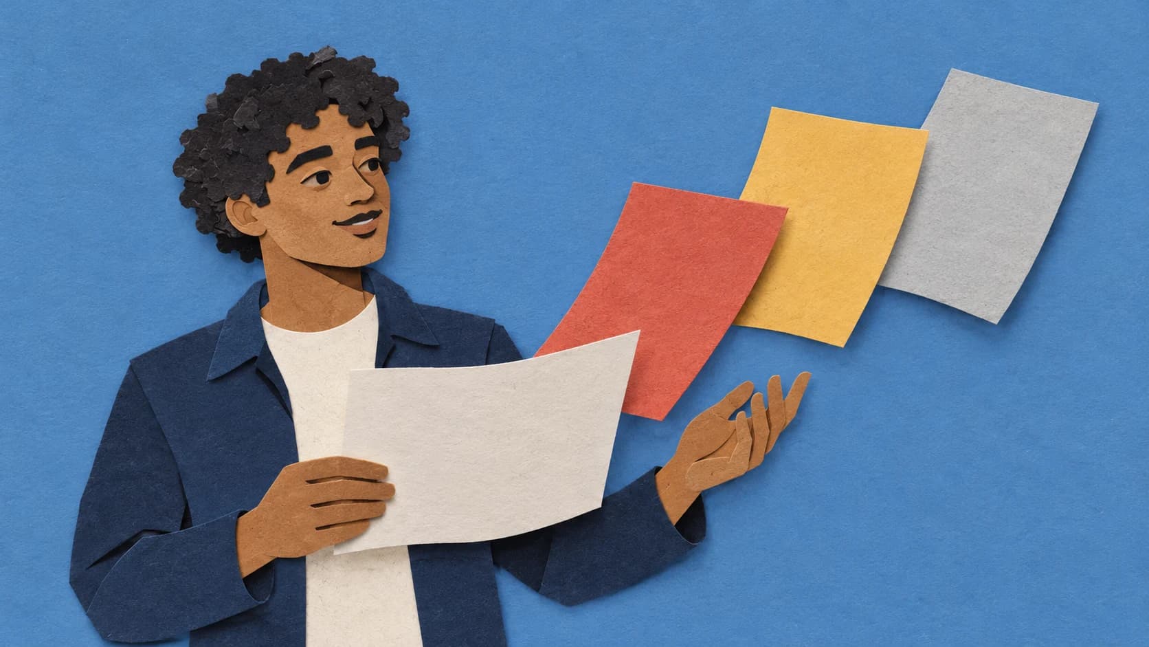 Paper-collage figure of a man with curly hair holding one wide sheet that divides into three differently coloured paper sheets fanned through the air.