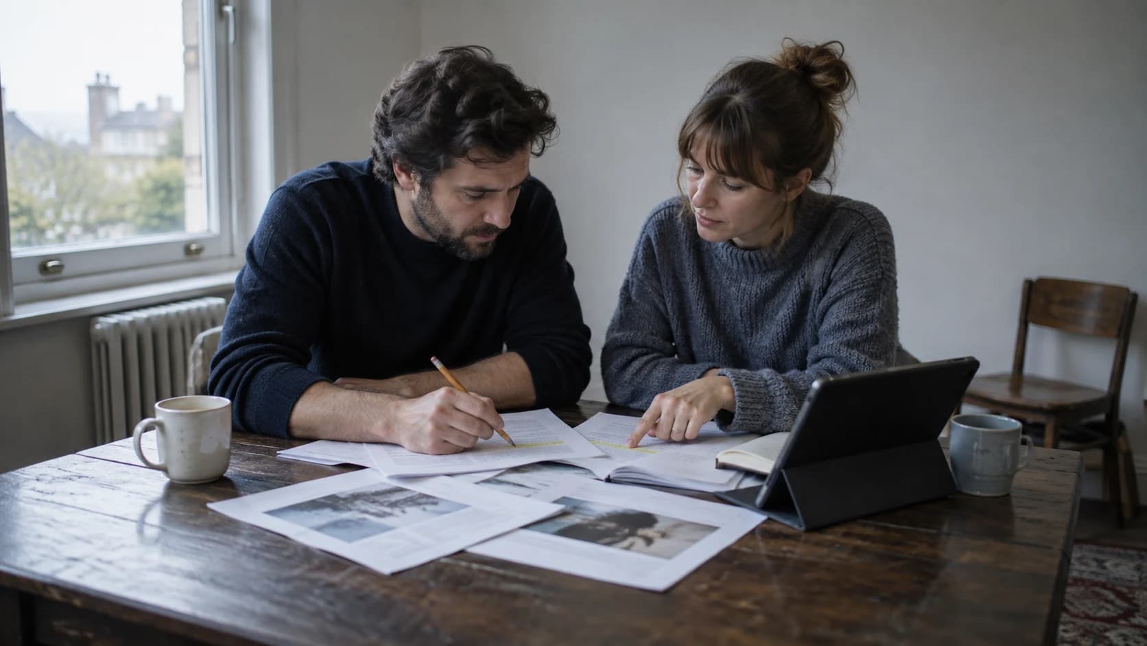 Two people at a meeting-room table tracing and pointing at scattered printed pages in overcast daylight.