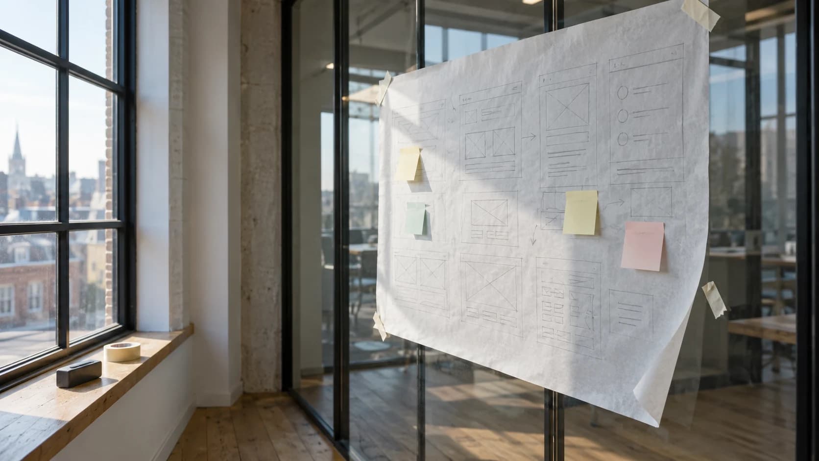 Tracing-paper sheet taped to a glazed studio wall with faint wireframe sketches and coloured sticky notes, in cool morning light.