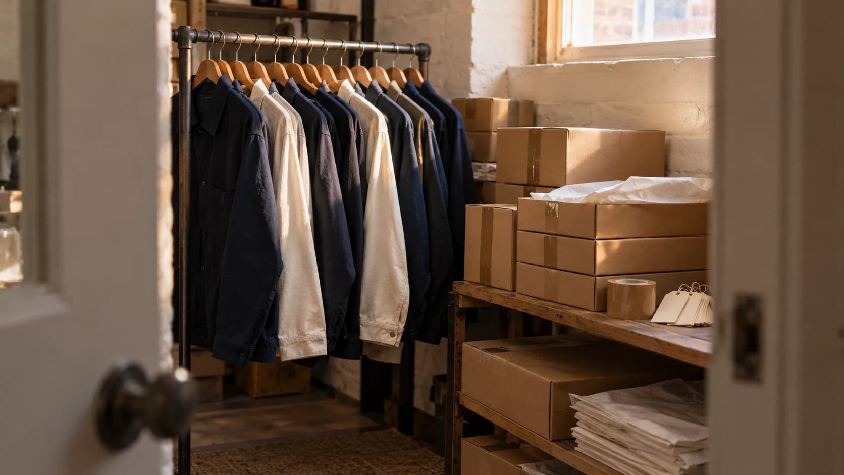 Back room of an independent clothing shop with a garment rail of jackets and stacked flat-packed kraft boxes in warm afternoon light.