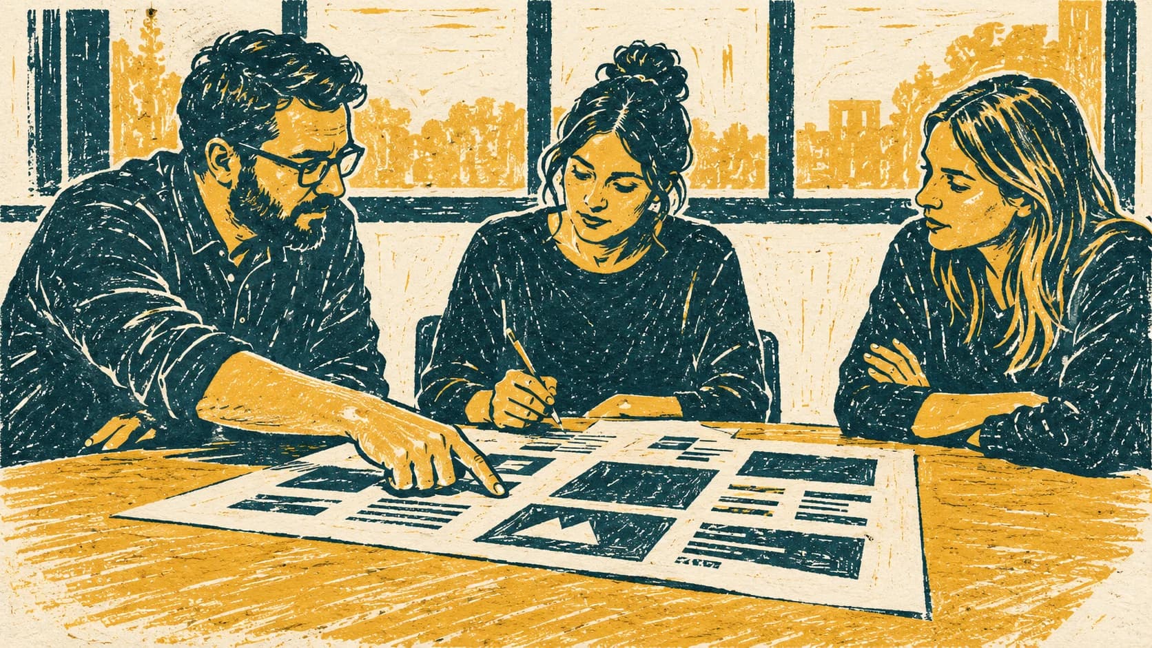 Two-colour linocut of three figures around a table reviewing a large printed sheet, teal and ochre on off-white.